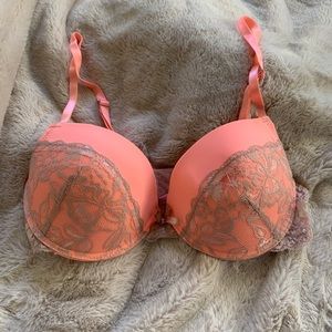 Coral and gray lace bra